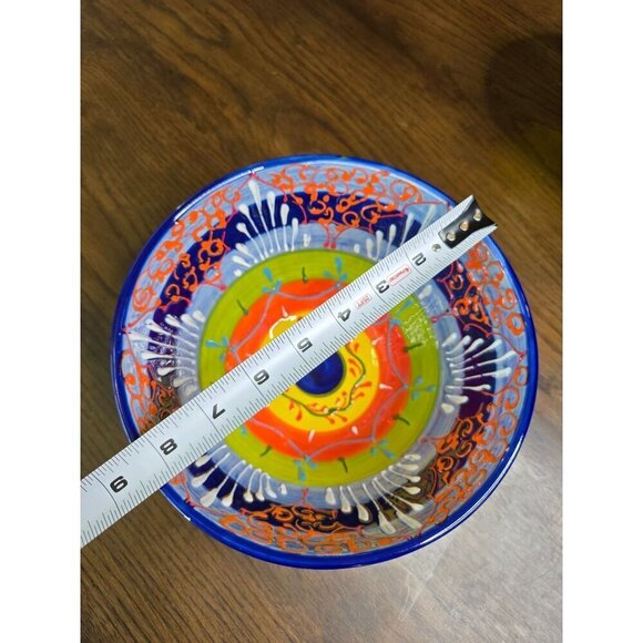 Hand-Painted Ceramic Bowl From Spain With Vibrant Blue Orange & Yellow Patterns - Picture 13 of 16